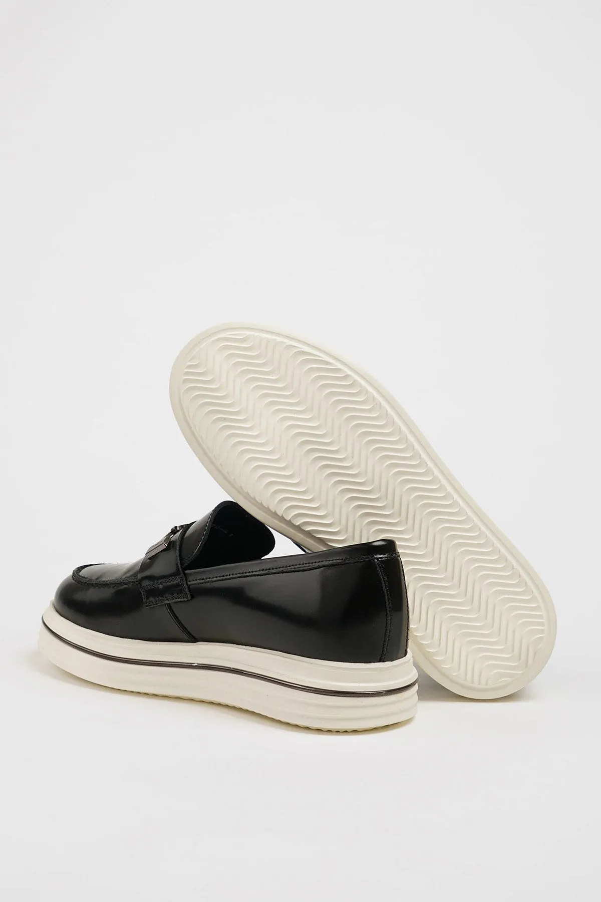 Black Leather Casual Loafers with Open Leather Buckle Detail.