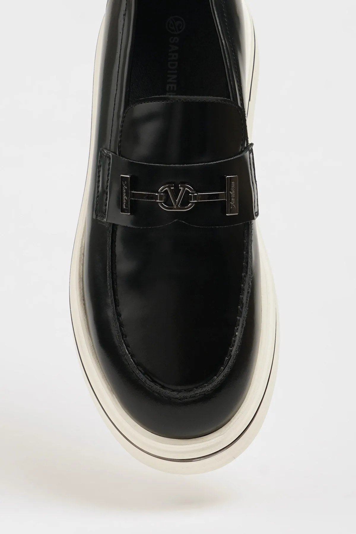 Black Leather Casual Loafers with Open Leather Buckle Detail.