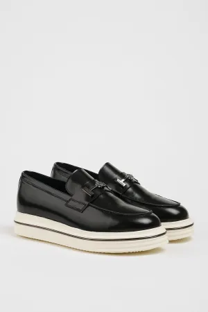 Black Leather Casual Loafers with Open Leather Buckle Detail.