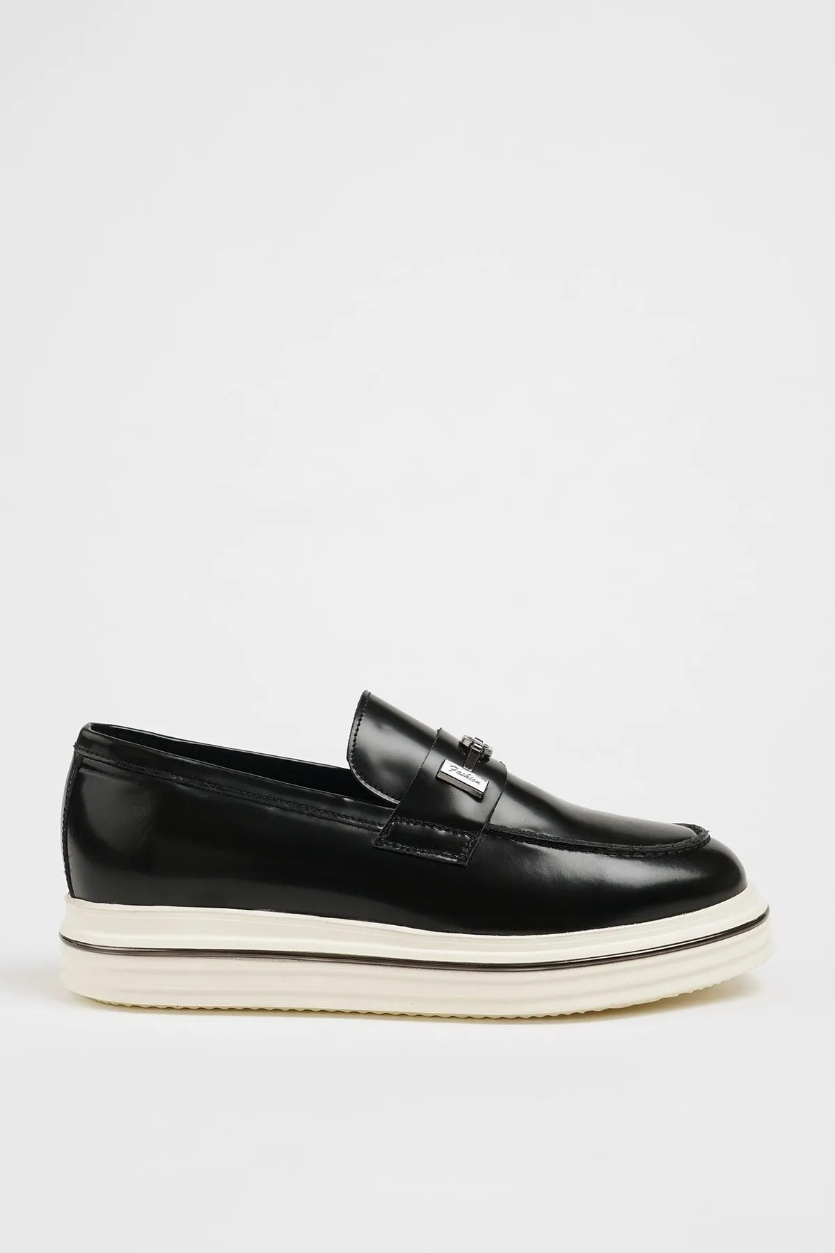 Black Leather Casual Loafers with Open Leather Buckle Detail.