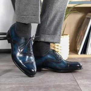 Cap-Toe Oxford Dress Shoes in Denim Blue Patina – Handmade Leather, Made to Order.