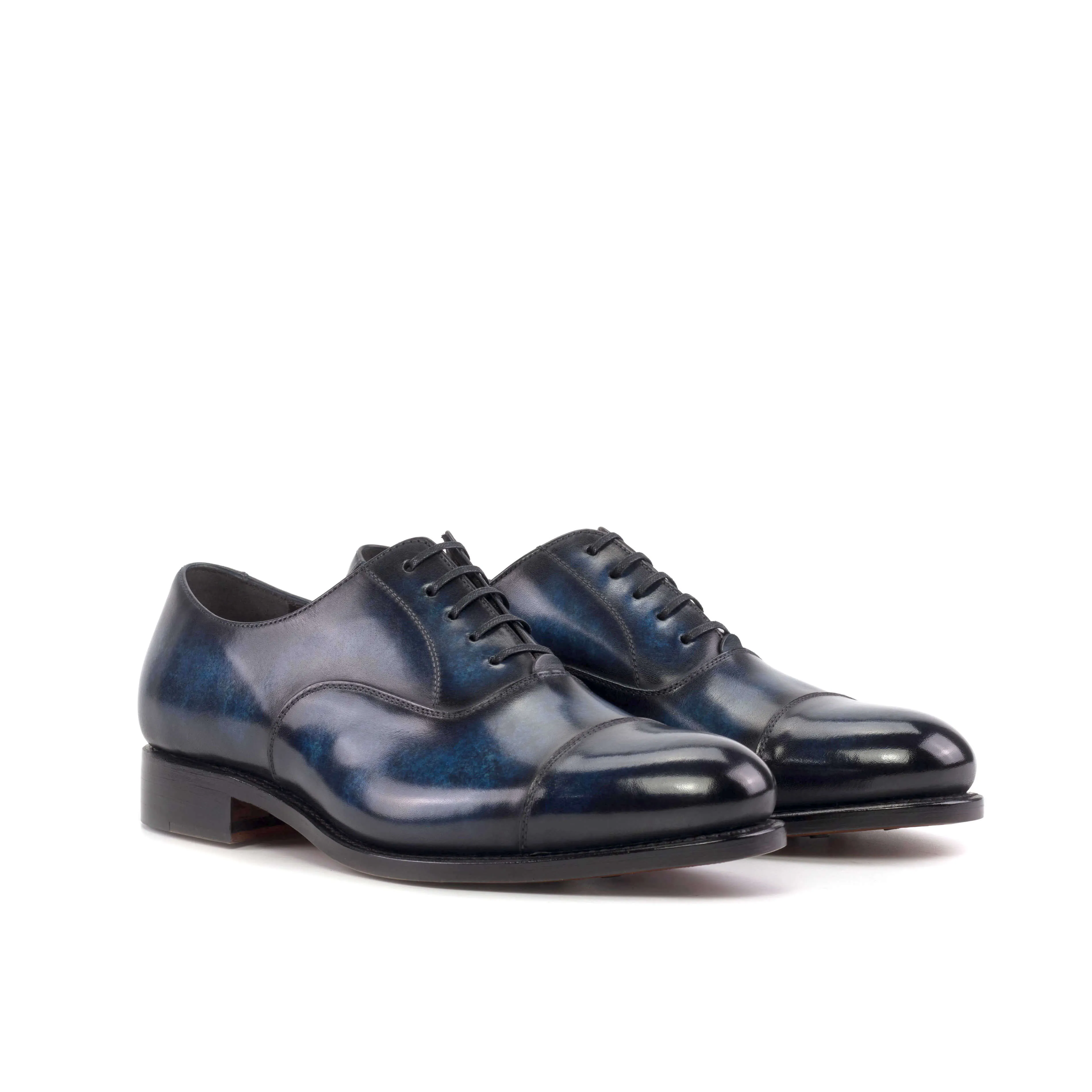 Cap-Toe Oxford Dress Shoes in Denim Blue Patina – Handmade Leather, Made to Order.
