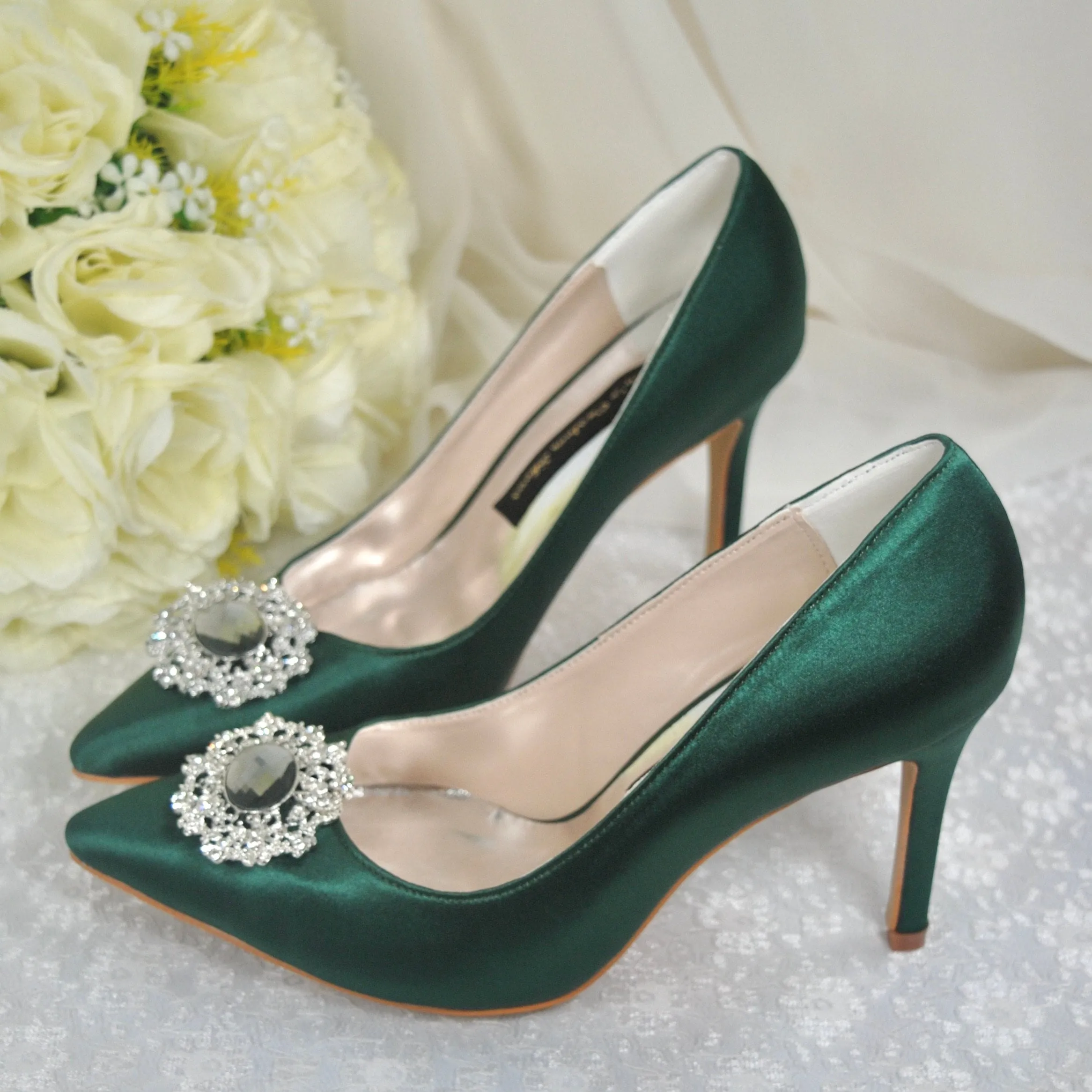 Emerald Green Satin Heels with Crystal Embellishment - UK8/US10.5