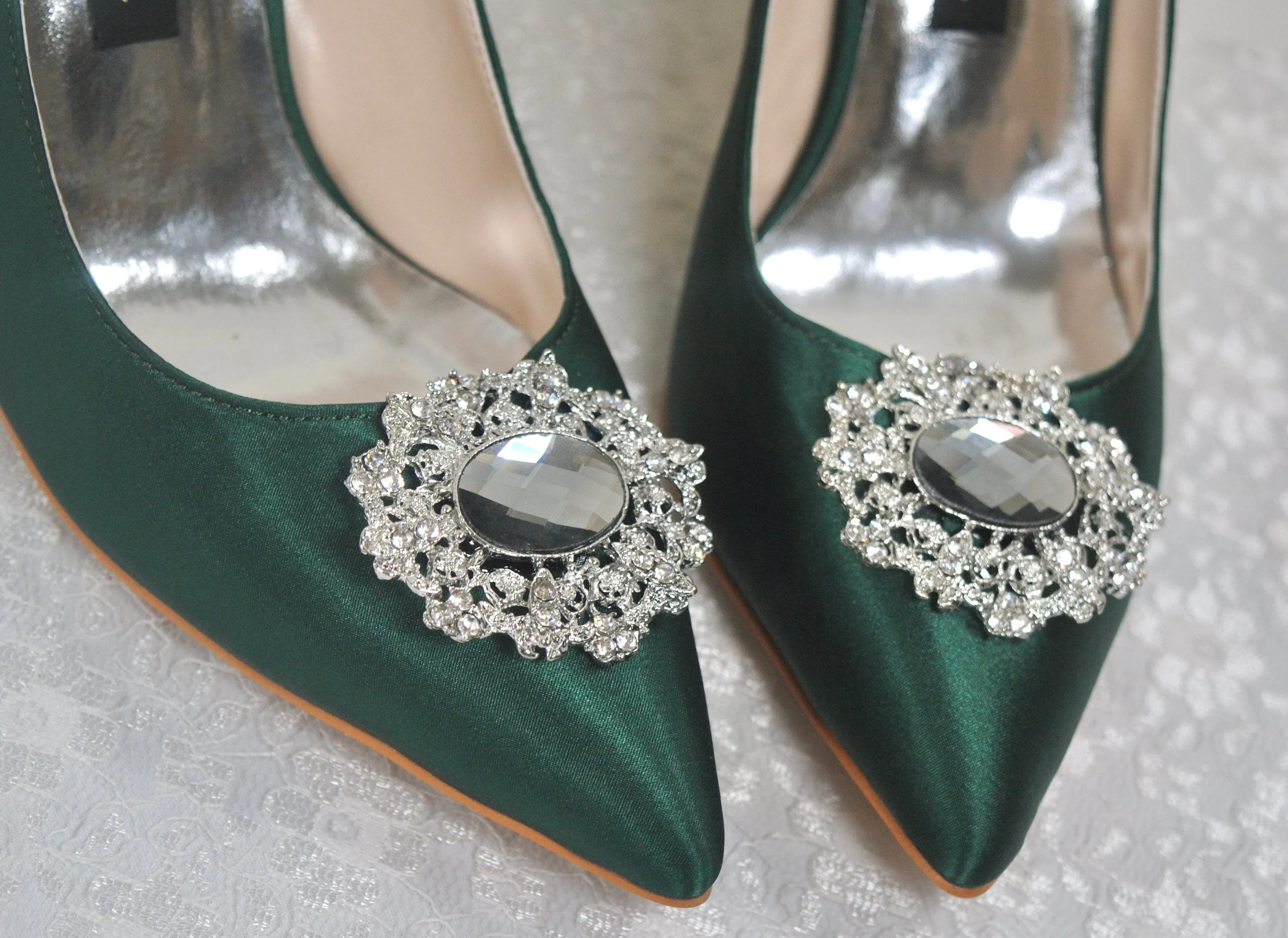 Emerald Green Satin Heels with Crystal Embellishment - UK8/US10.5