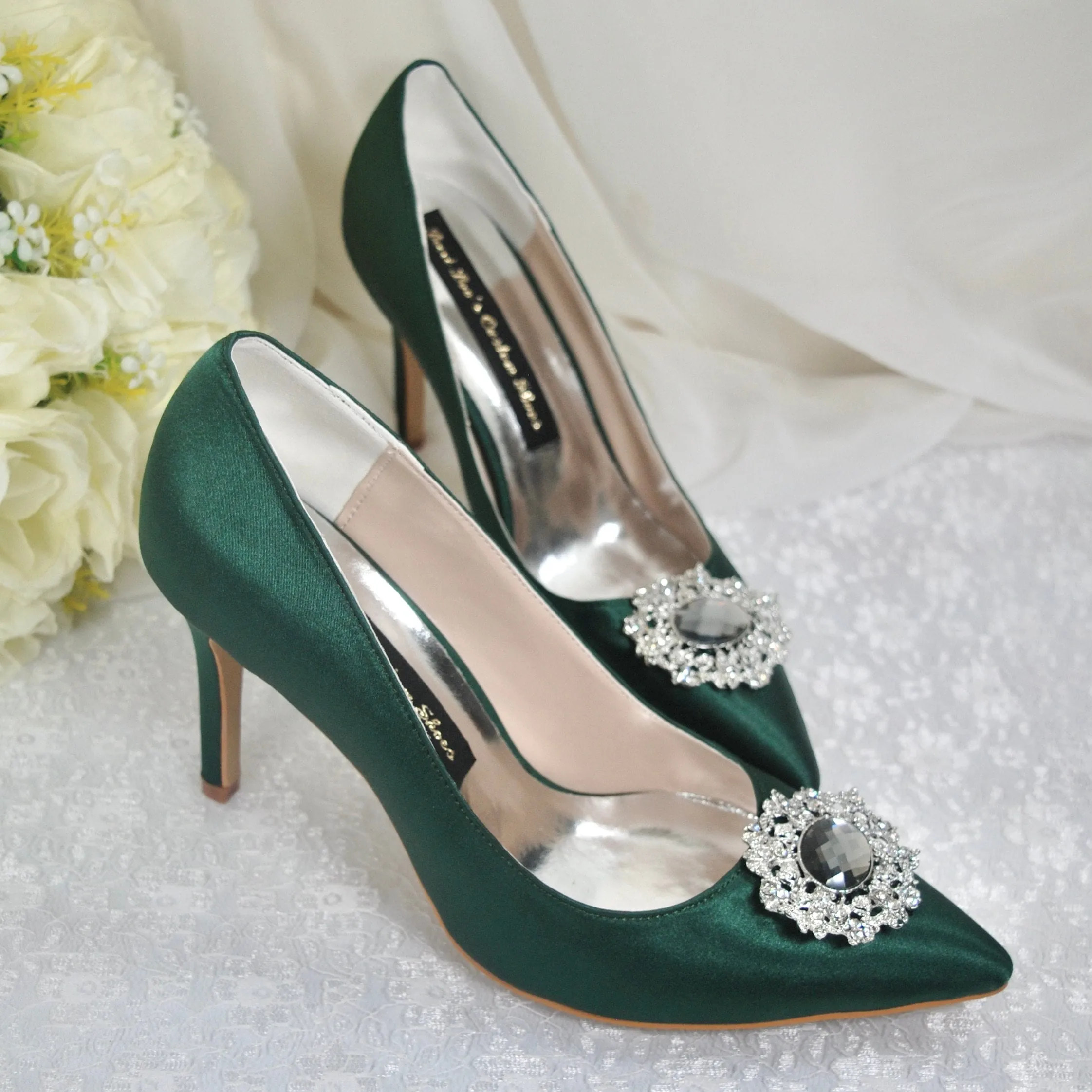 Emerald Green Satin Heels with Crystal Embellishment - UK8/US10.5