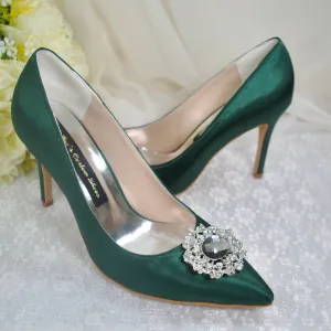 Emerald Green Satin Heels with Crystal Embellishment - UK8/US10.5