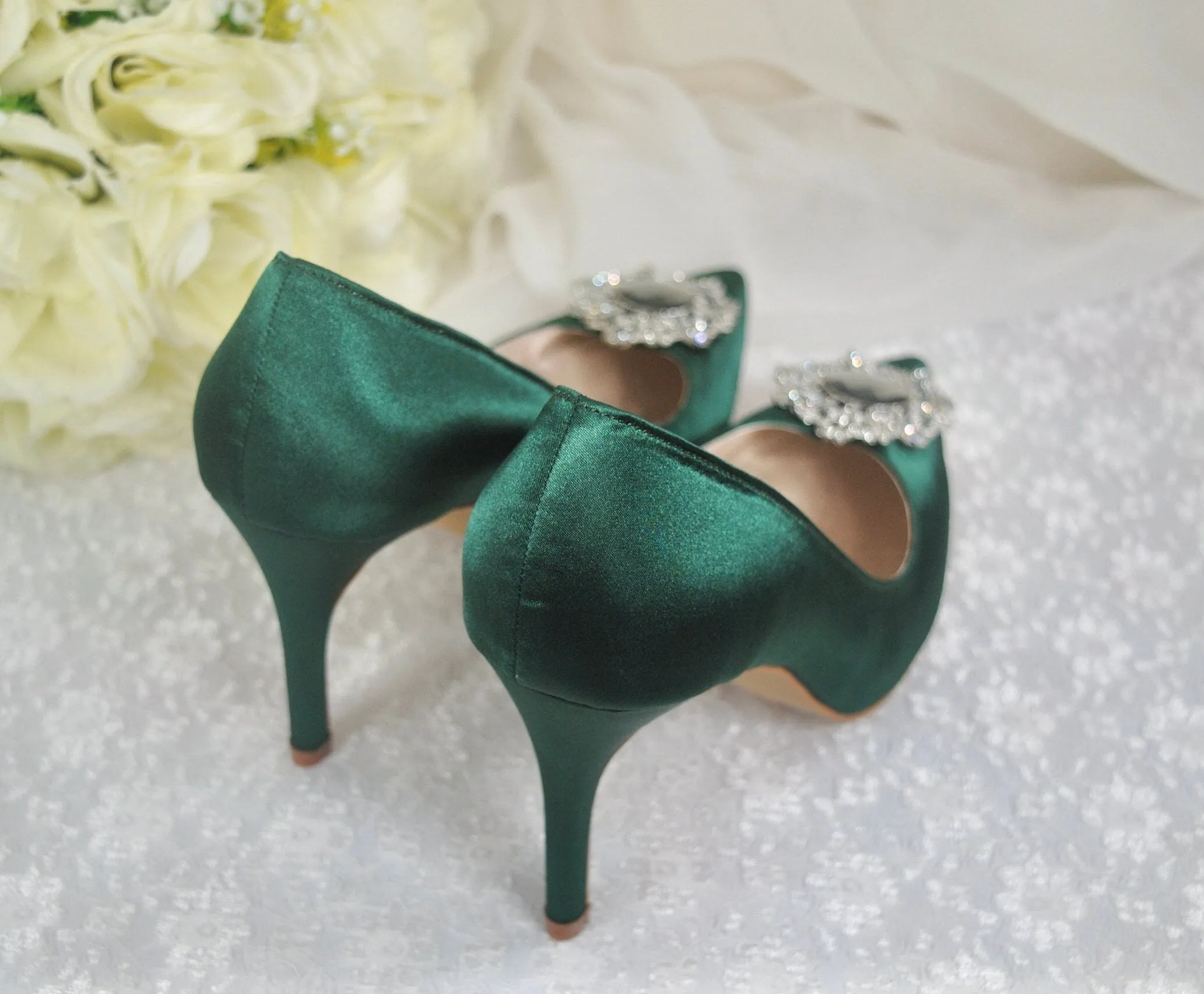 Emerald Green Satin Heels with Crystal Embellishment - UK8/US10.5