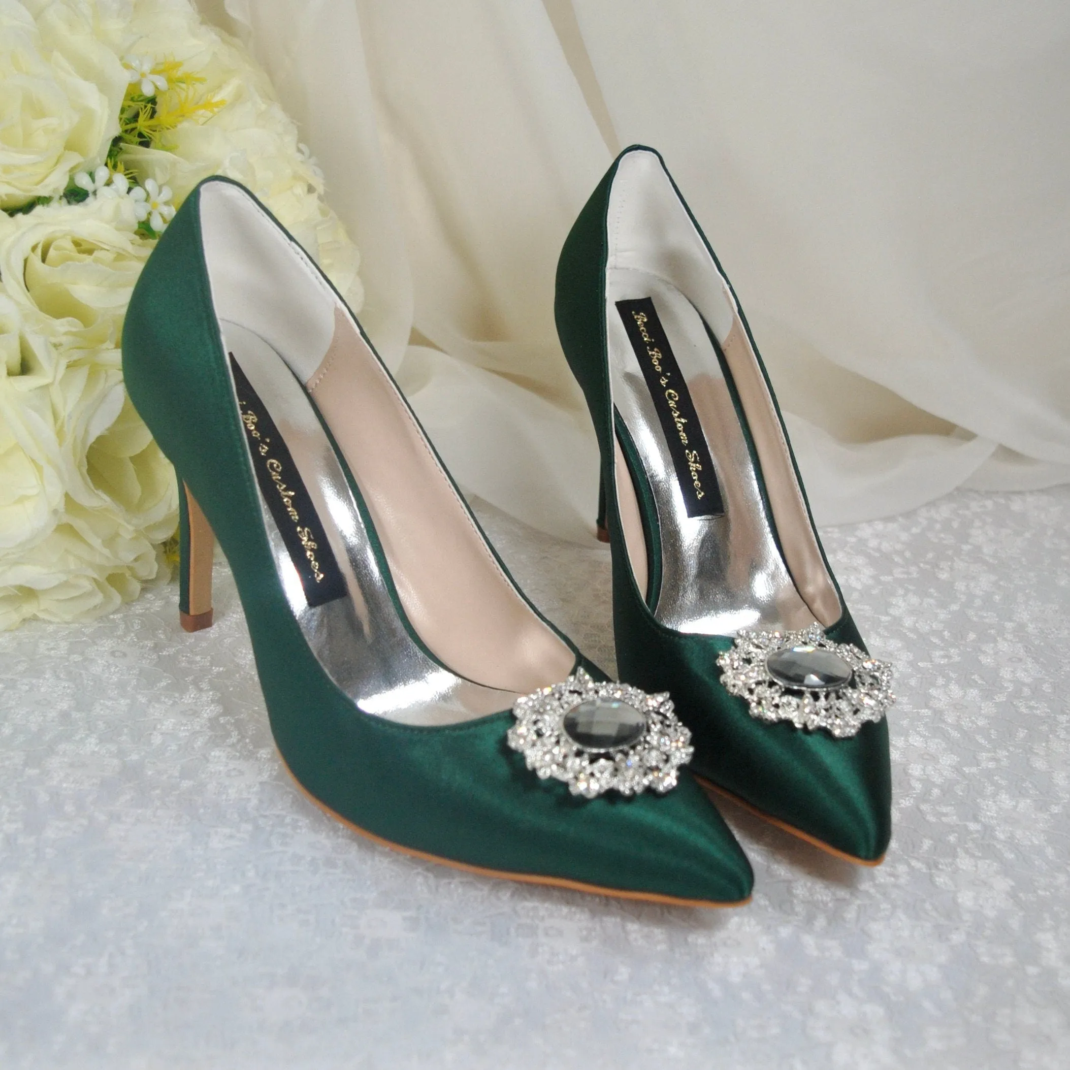 Emerald Green Satin Heels with Crystal Embellishment - UK8/US10.5