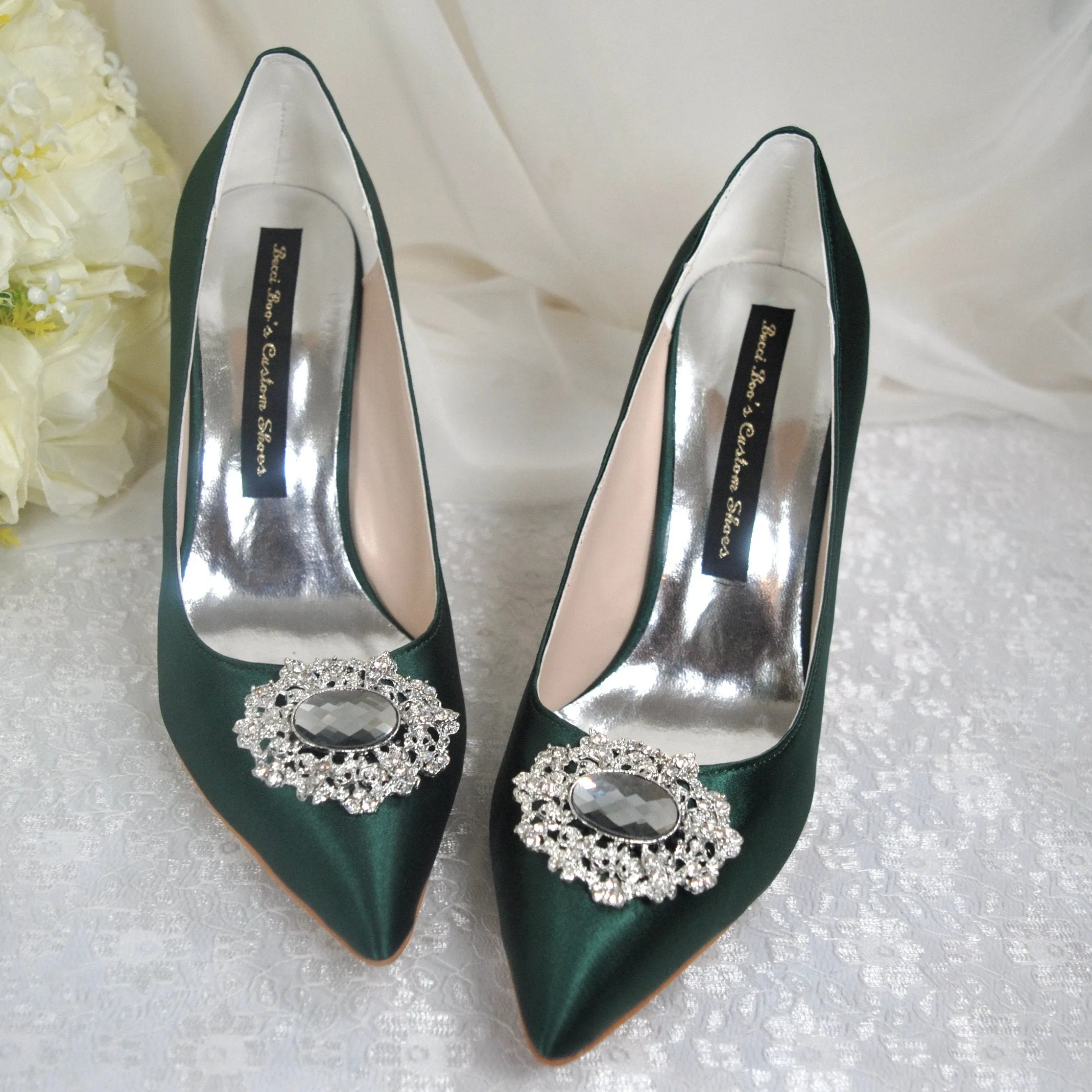 Emerald Green Satin Heels with Crystal Embellishment - UK8/US10.5