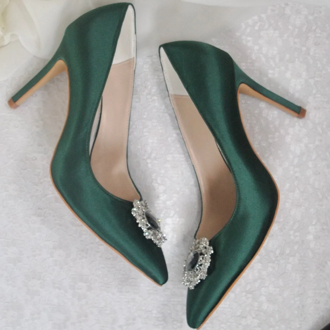 Emerald Green Satin Heels with Crystal Embellishment - UK8/US10.5