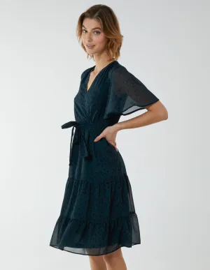 Flutter Sleeve Leopard Wrap Front Belted Dress