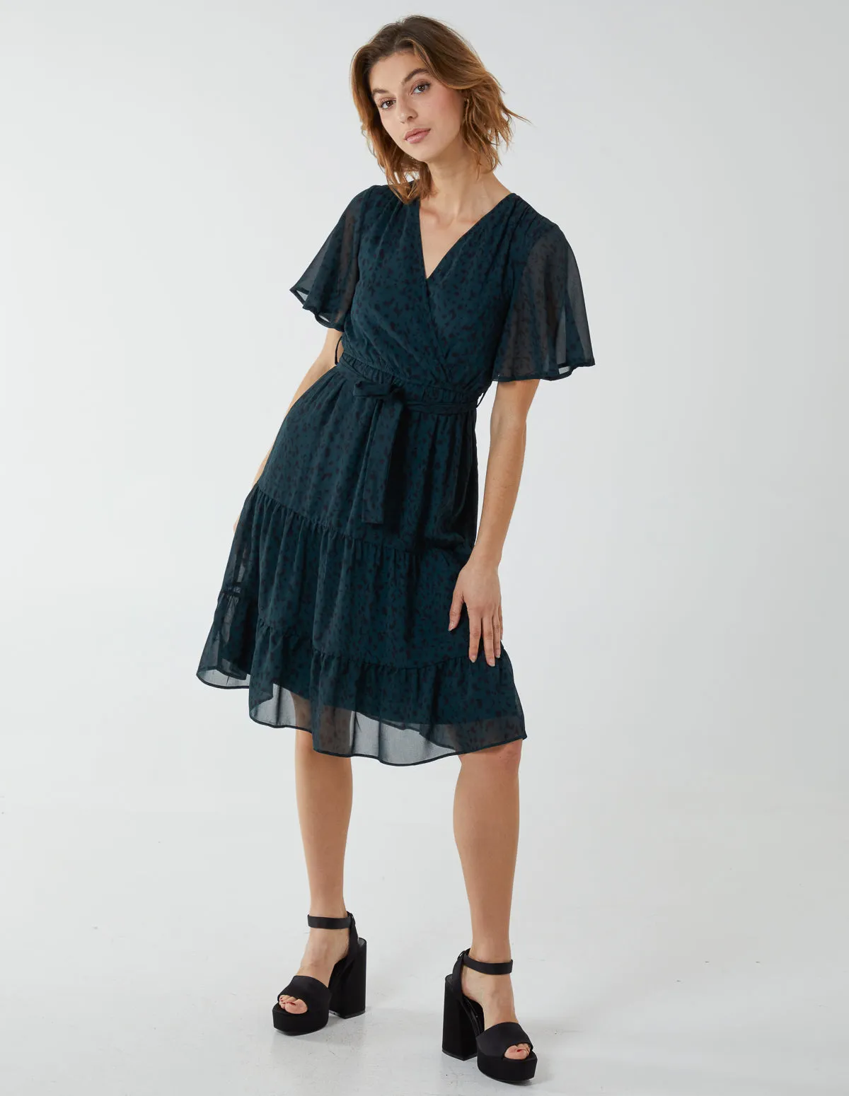 Flutter Sleeve Leopard Wrap Front Belted Dress