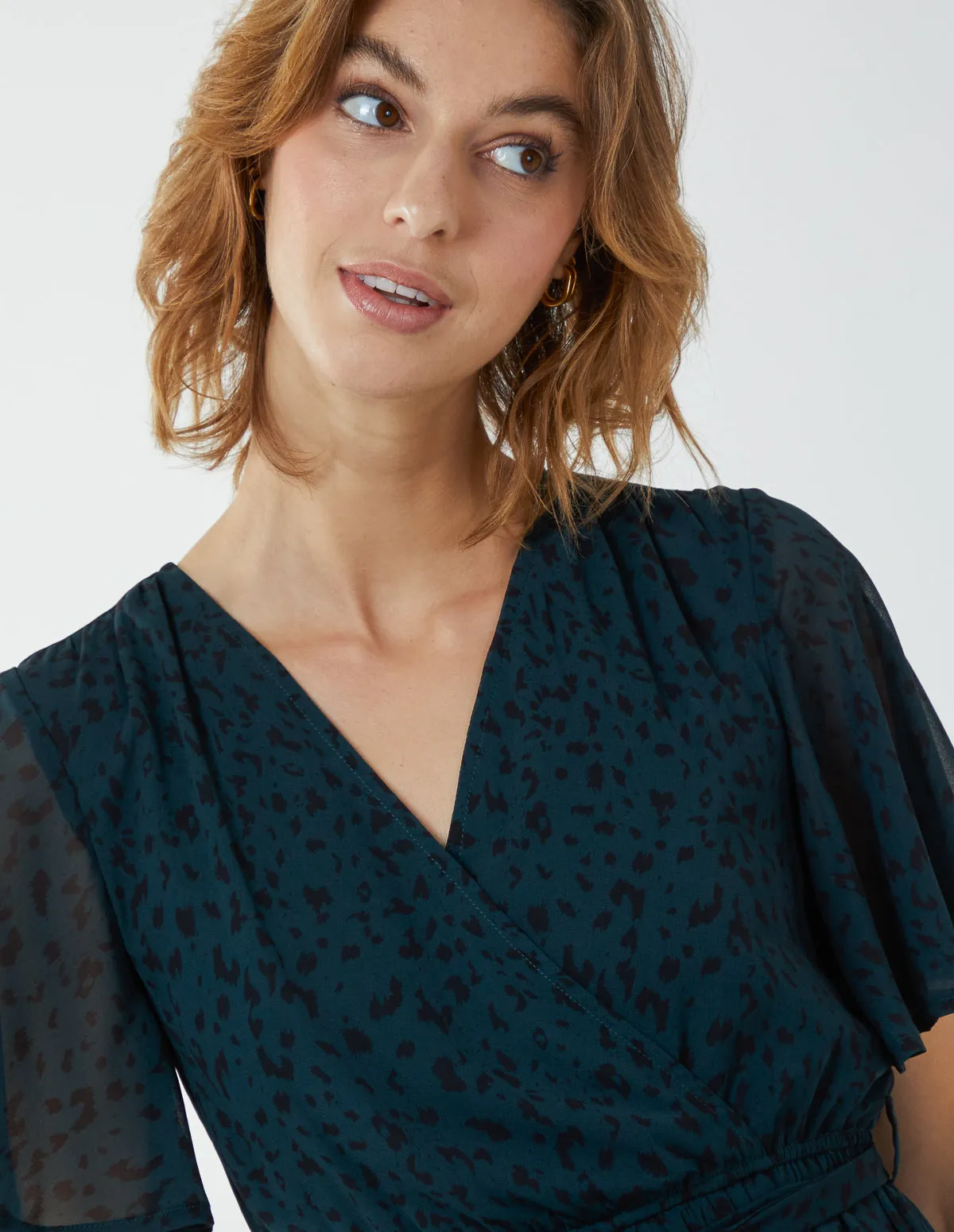 Flutter Sleeve Leopard Wrap Front Belted Dress