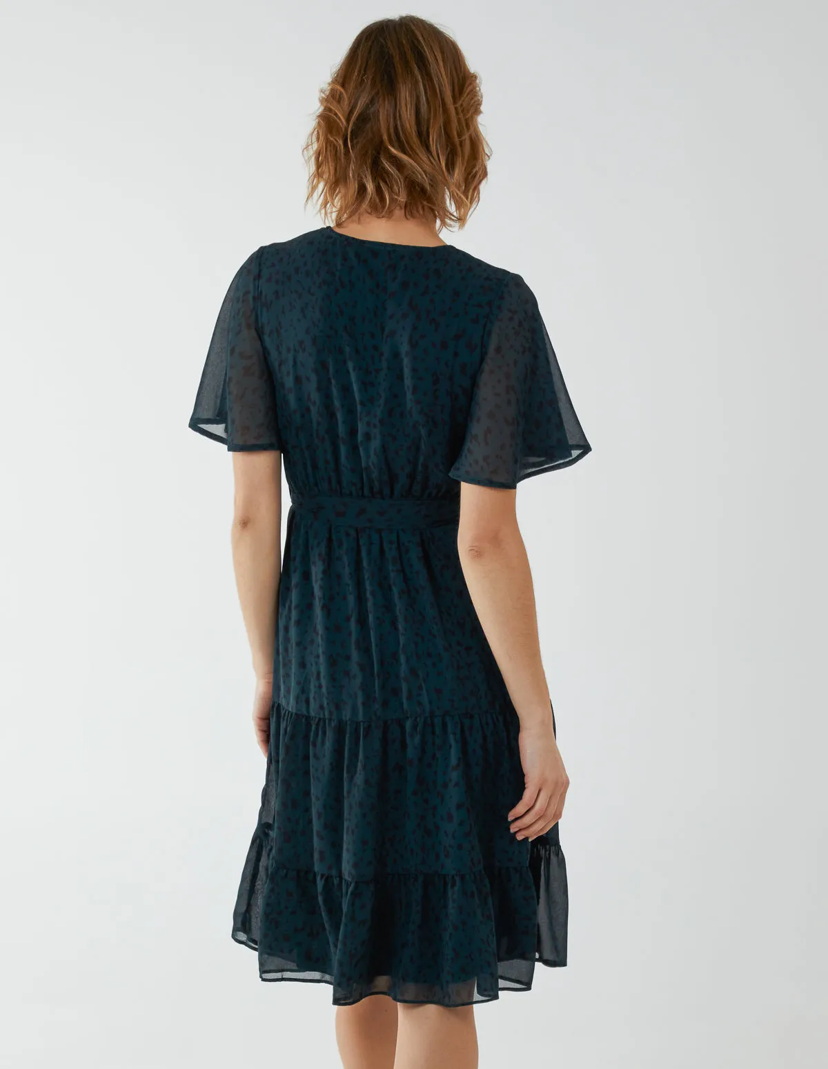Flutter Sleeve Leopard Wrap Front Belted Dress