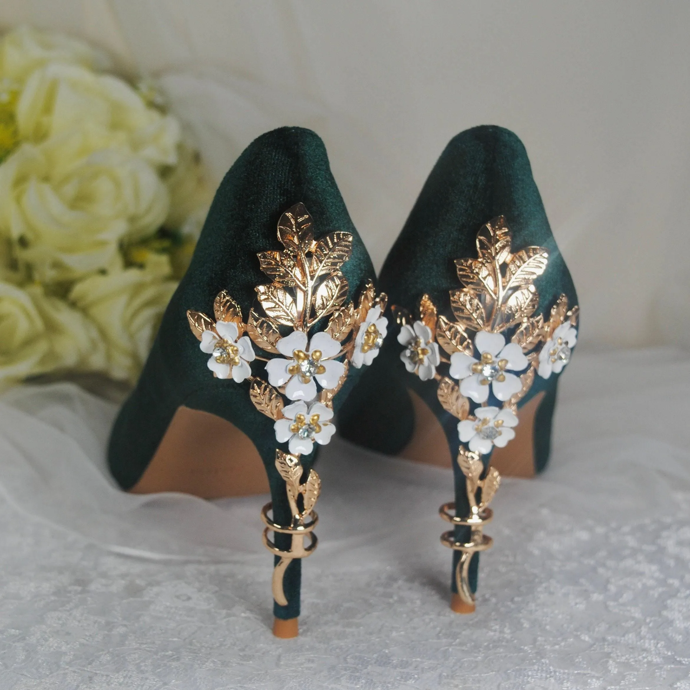 Green Velvet Wedding Shoes with 'Cherry Blossom', Embellished Bridal Shoes, Wedding 10cm Heels for Bride, Christmas Winter Party UK5/US7.5