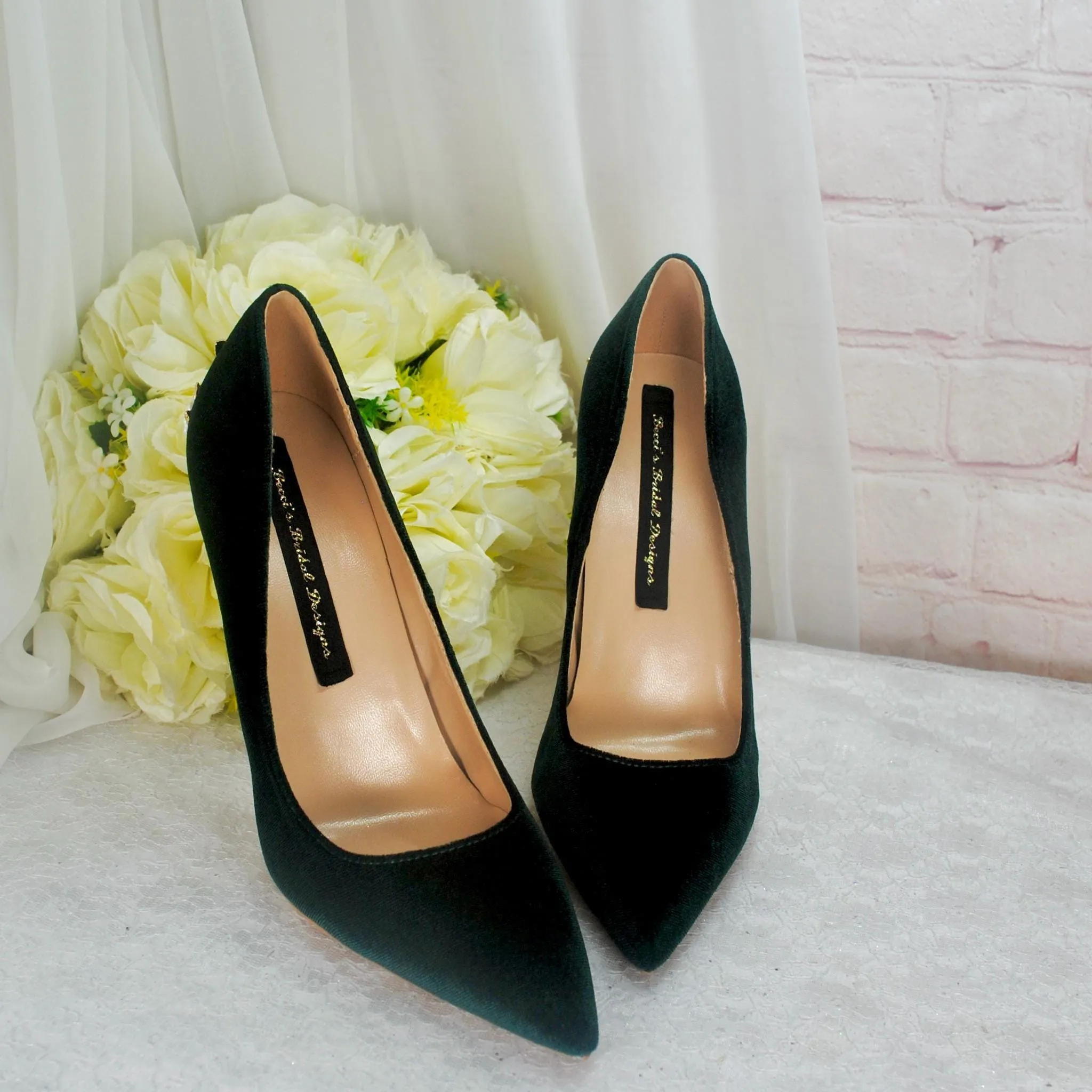 Green Velvet Wedding Shoes with 'Cherry Blossom', Embellished Bridal Shoes, Wedding 10cm Heels for Bride, Christmas Winter Party UK5/US7.5