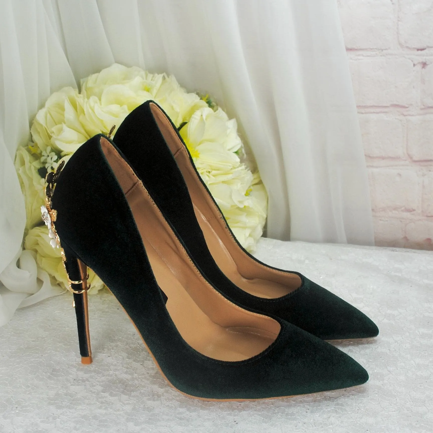 Green Velvet Wedding Shoes with 'Cherry Blossom', Embellished Bridal Shoes, Wedding 10cm Heels for Bride, Christmas Winter Party UK5/US7.5