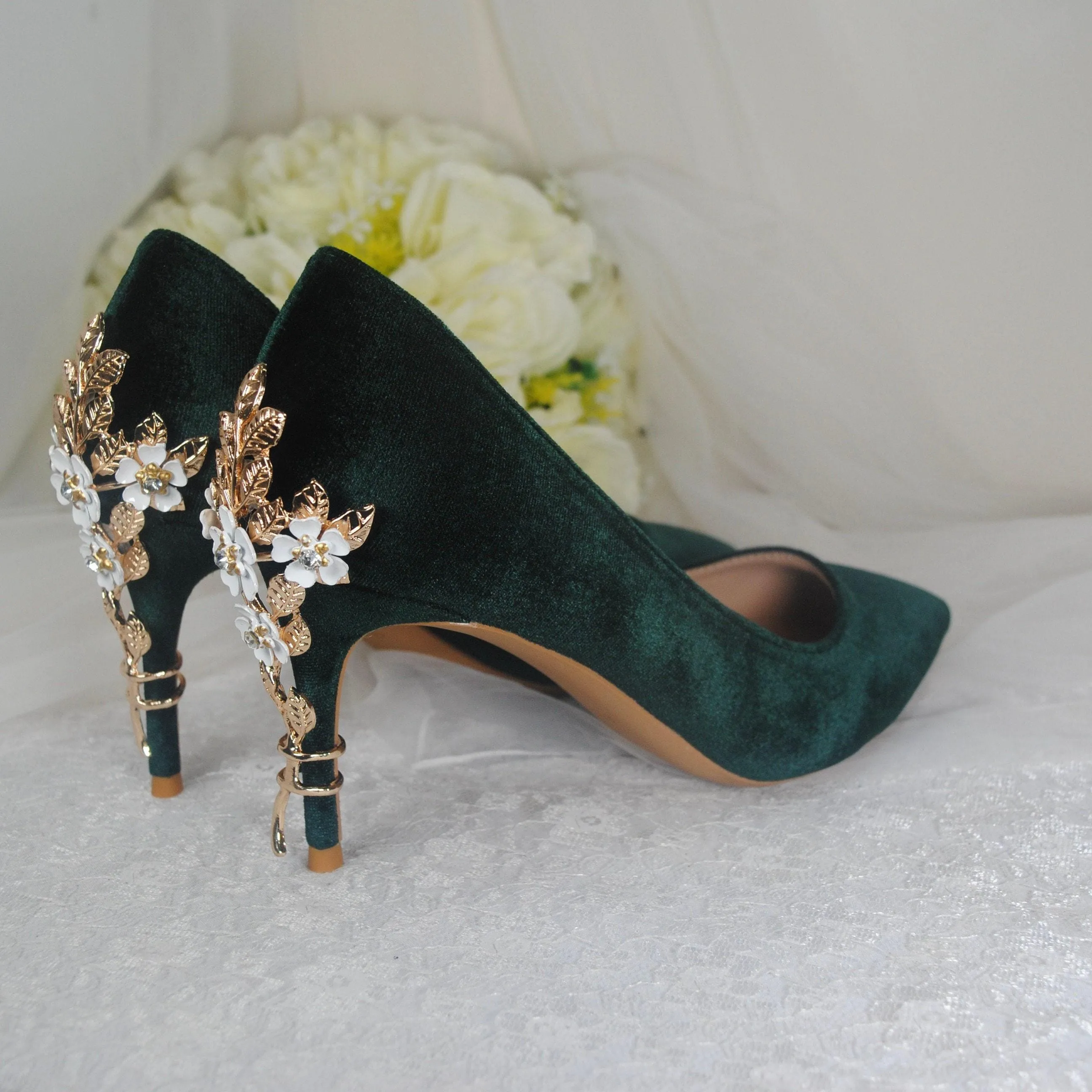 Green Velvet Wedding Shoes with 'Cherry Blossom', Embellished Bridal Shoes, Wedding 10cm Heels for Bride, Christmas Winter Party UK5/US7.5