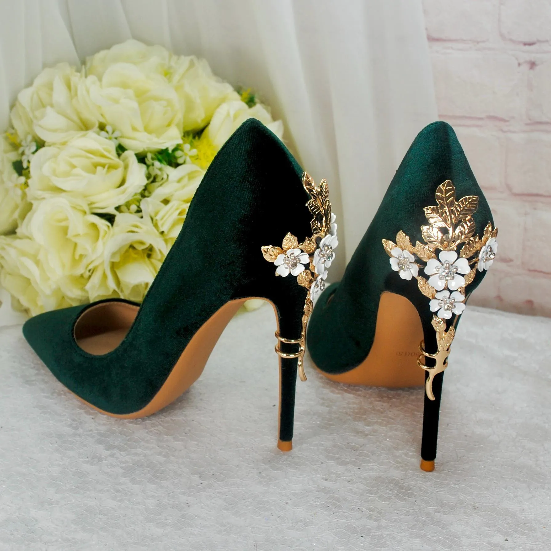 Green Velvet Wedding Shoes with 'Cherry Blossom', Embellished Bridal Shoes, Wedding 10cm Heels for Bride, Christmas Winter Party UK5/US7.5