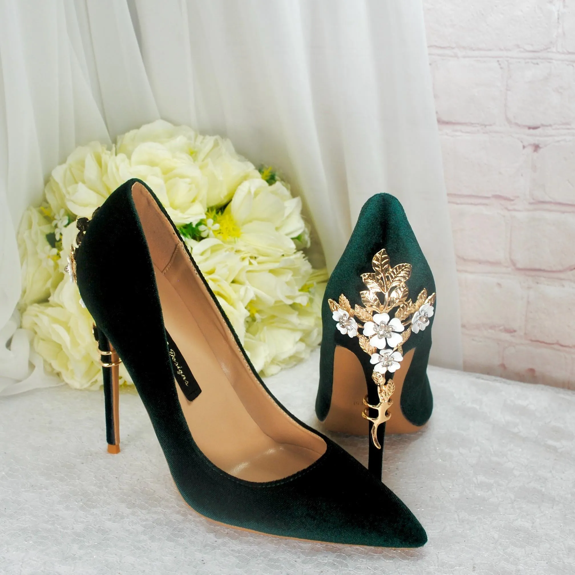 Green Velvet Wedding Shoes with 'Cherry Blossom', Embellished Bridal Shoes, Wedding 10cm Heels for Bride, Christmas Winter Party UK5/US7.5