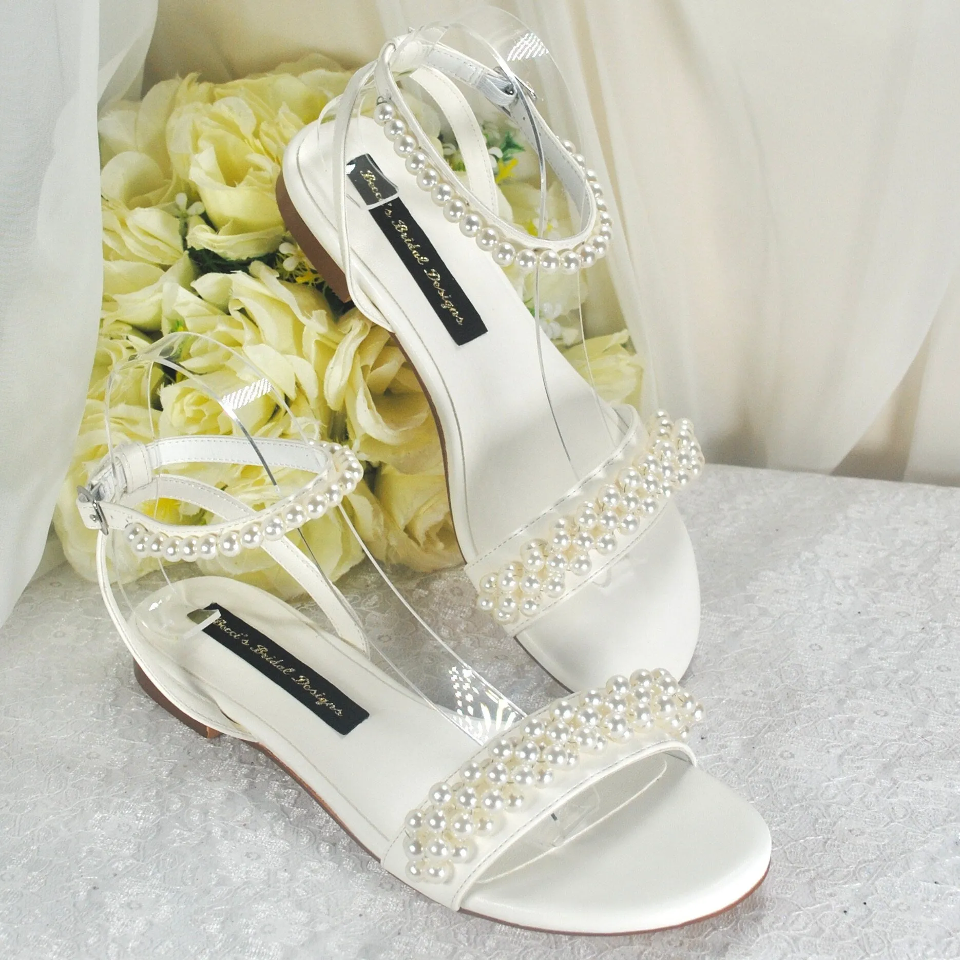 Ivory Flat Wedding Sandals with Pearl Details - Size Uk4/US6.5
