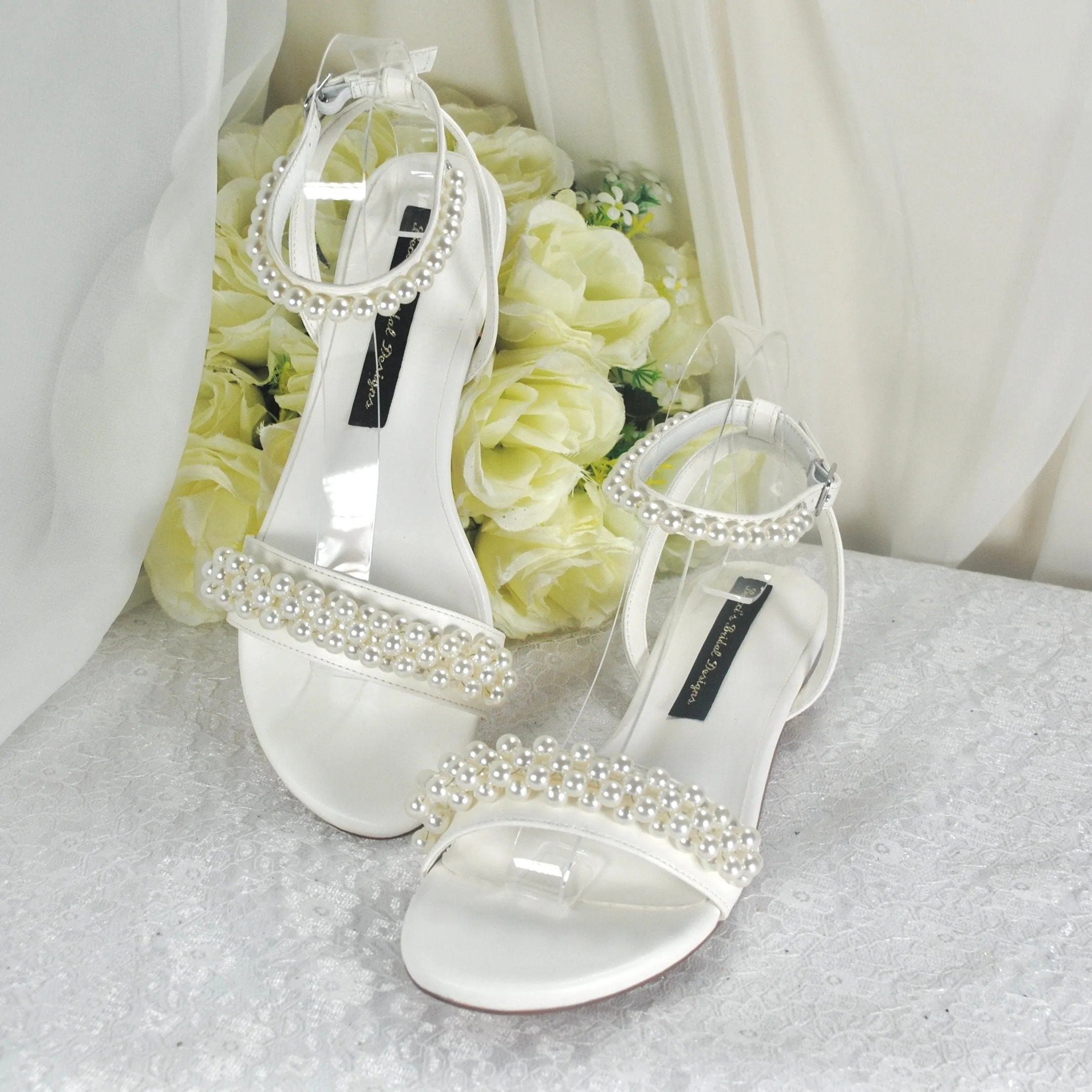 Ivory Flat Wedding Sandals with Pearl Details - Size Uk4/US6.5