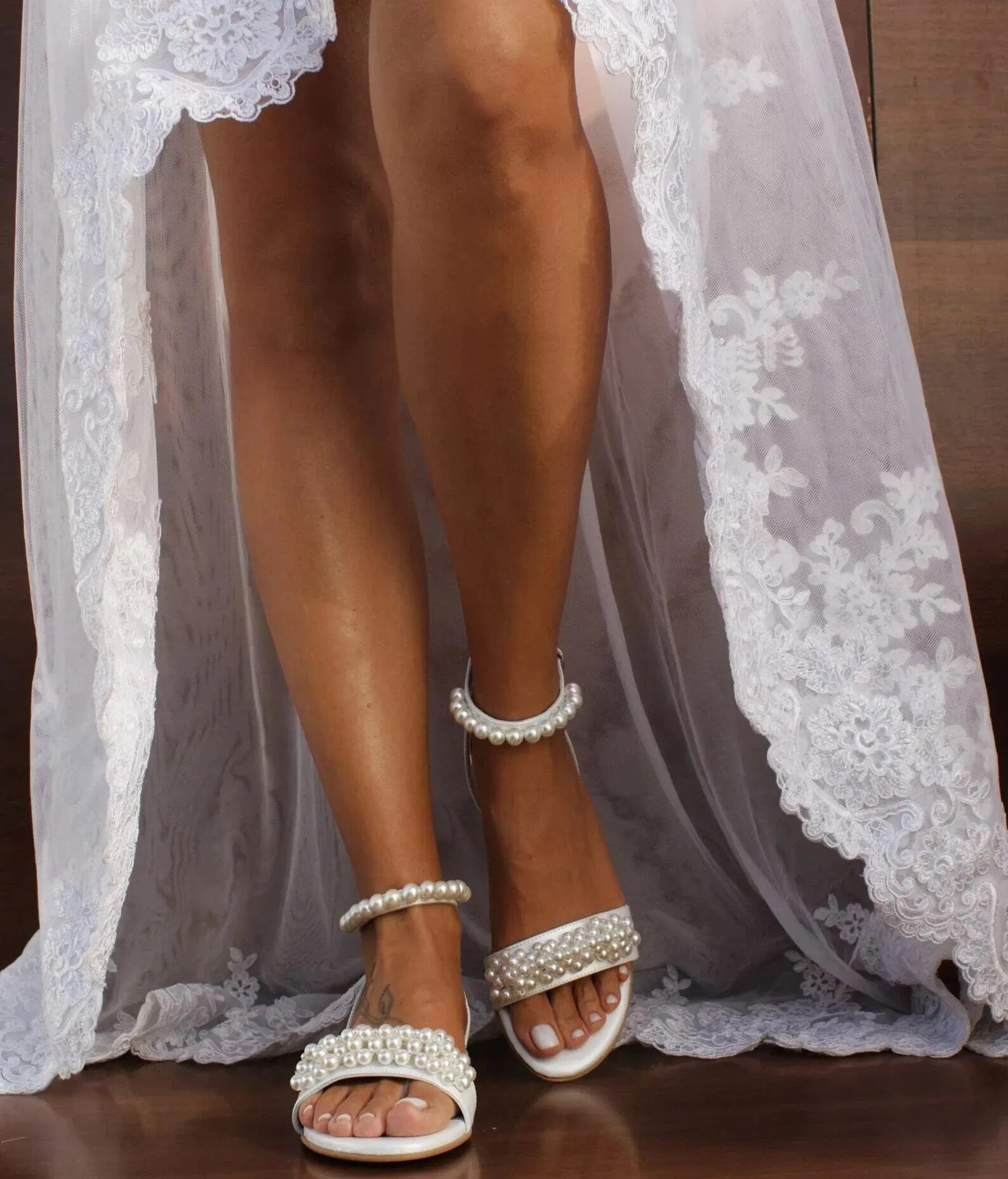 Ivory Flat Wedding Sandals with Pearl Details - Size Uk4/US6.5