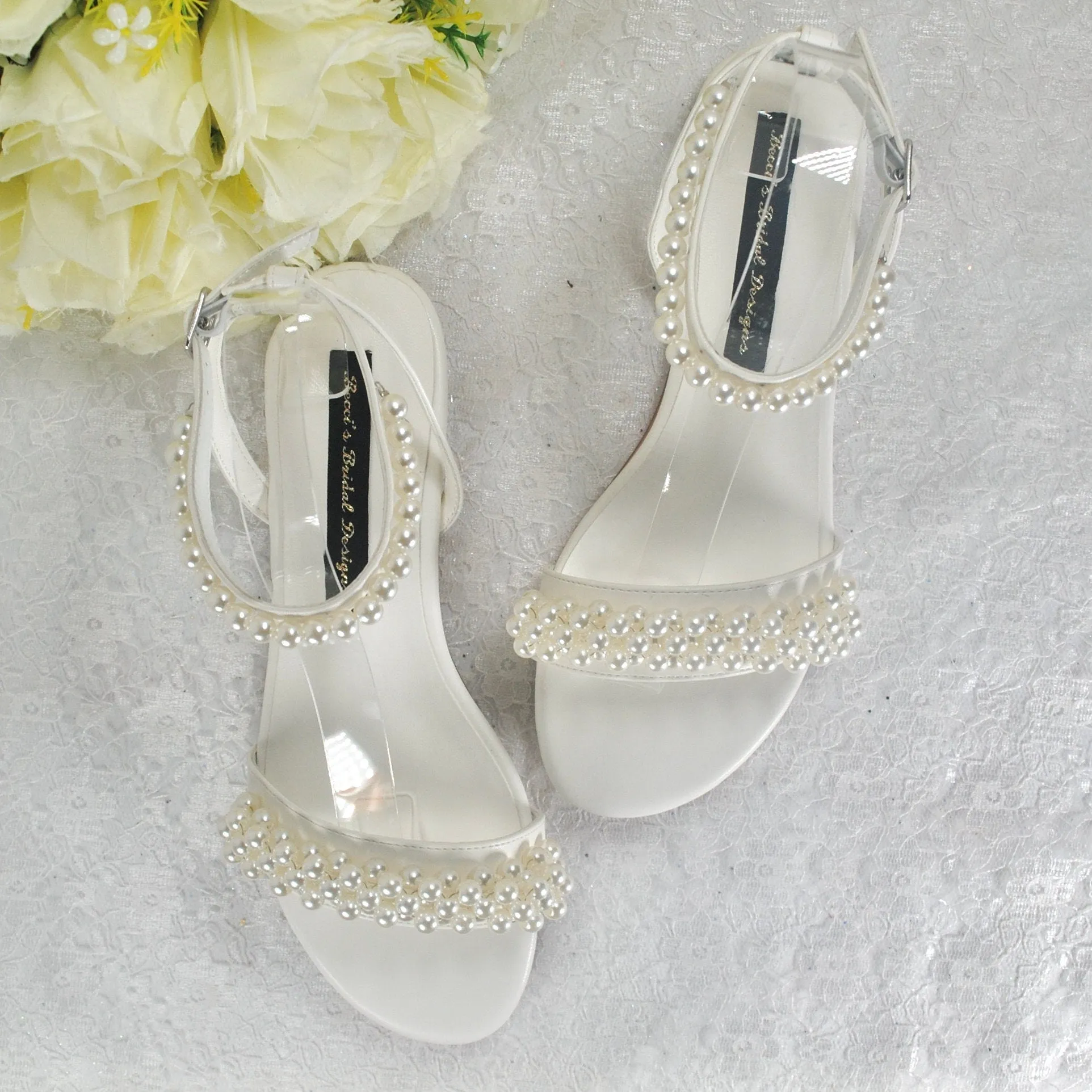 Ivory Flat Wedding Sandals with Pearl Details - Size Uk4/US6.5
