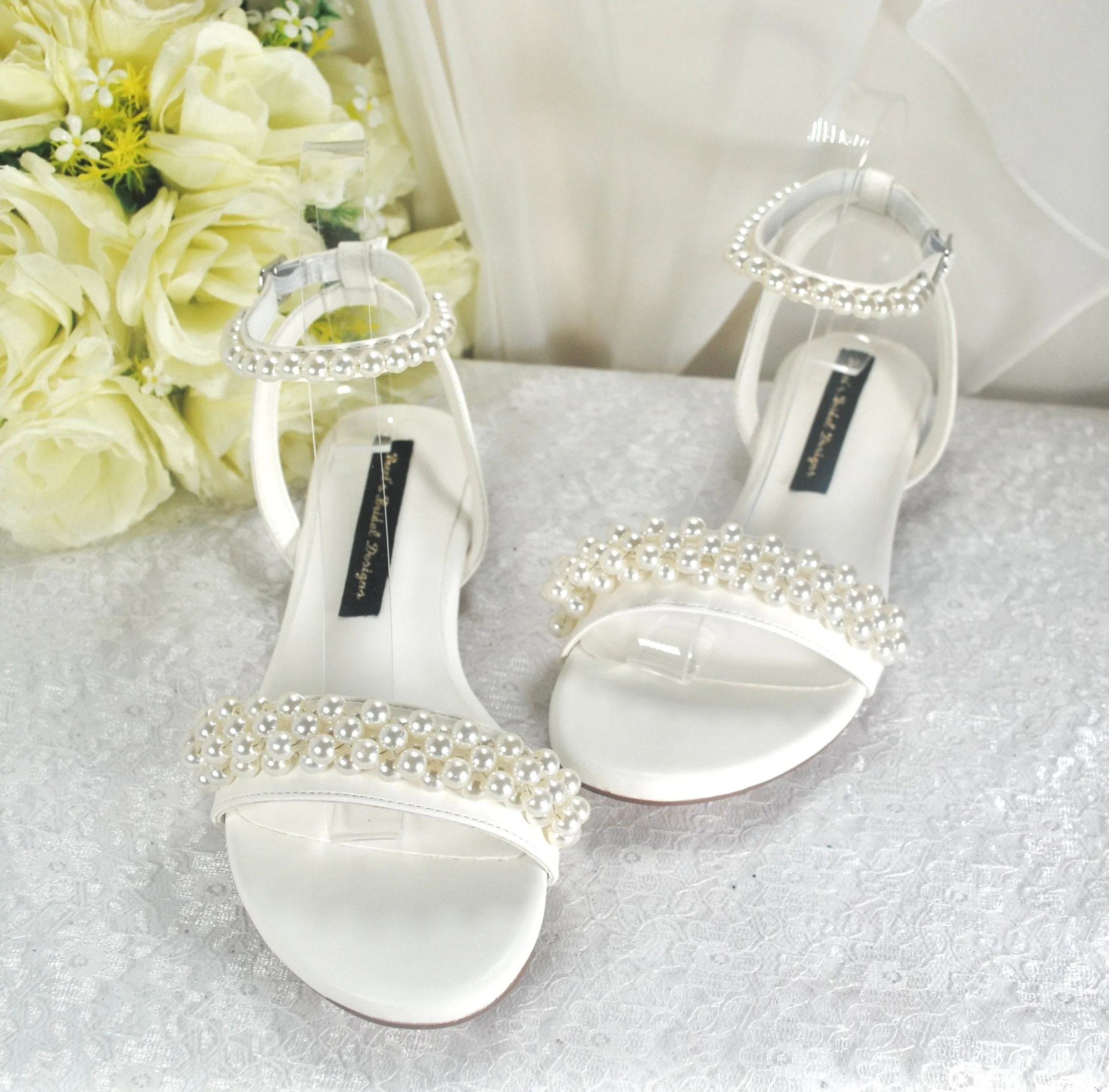 Ivory Flat Wedding Sandals with Pearl Details - Size Uk4/US6.5