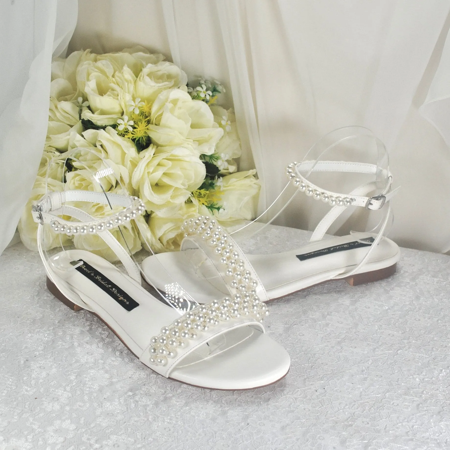 Ivory Flat Wedding Sandals with Pearl Details - Size Uk4/US6.5