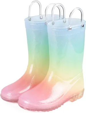 JUDIS Kids Glitter Rain Boots Girls Waterproof Rain Shoes with Easy-on Handles