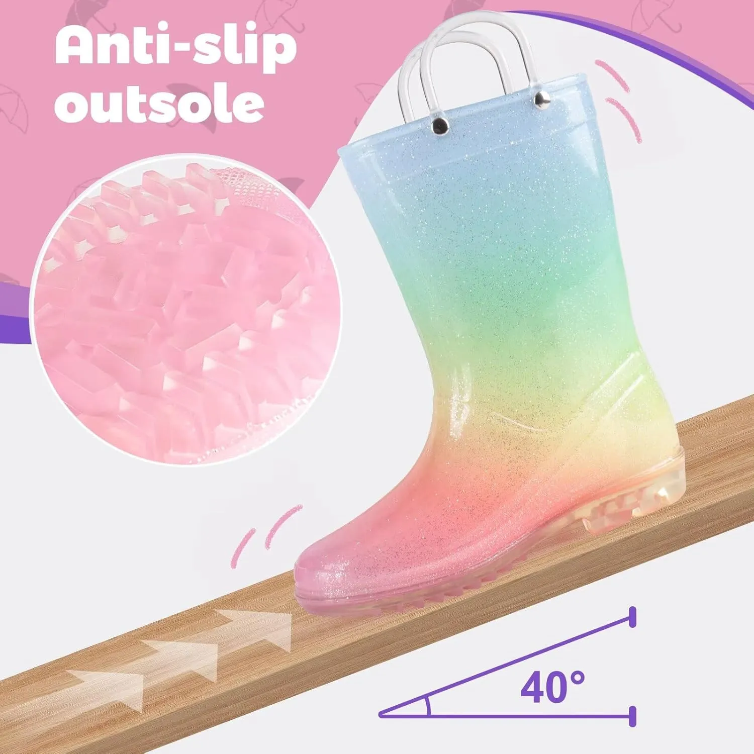 JUDIS Kids Glitter Rain Boots Girls Waterproof Rain Shoes with Easy-on Handles