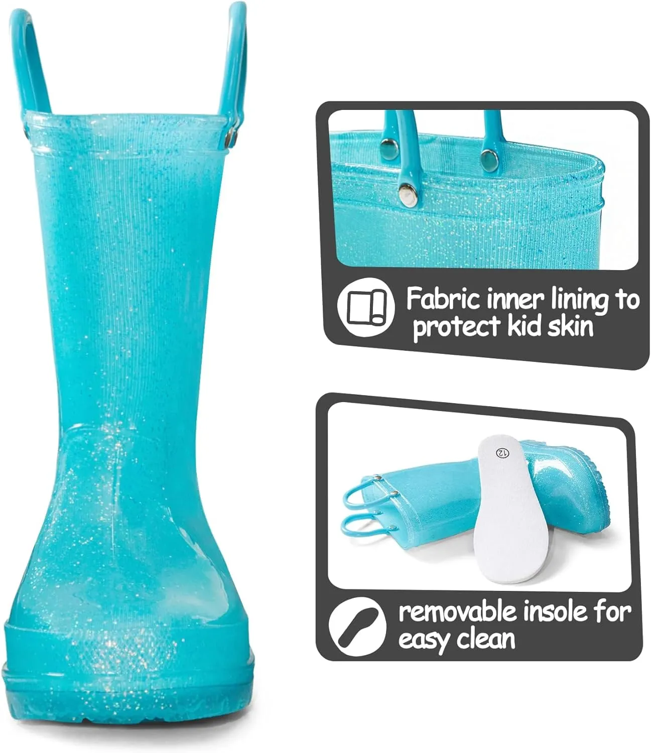 K KomForme Girls Rain Boots,Kids Glitter Waterproof Boots with Easy-on Handles