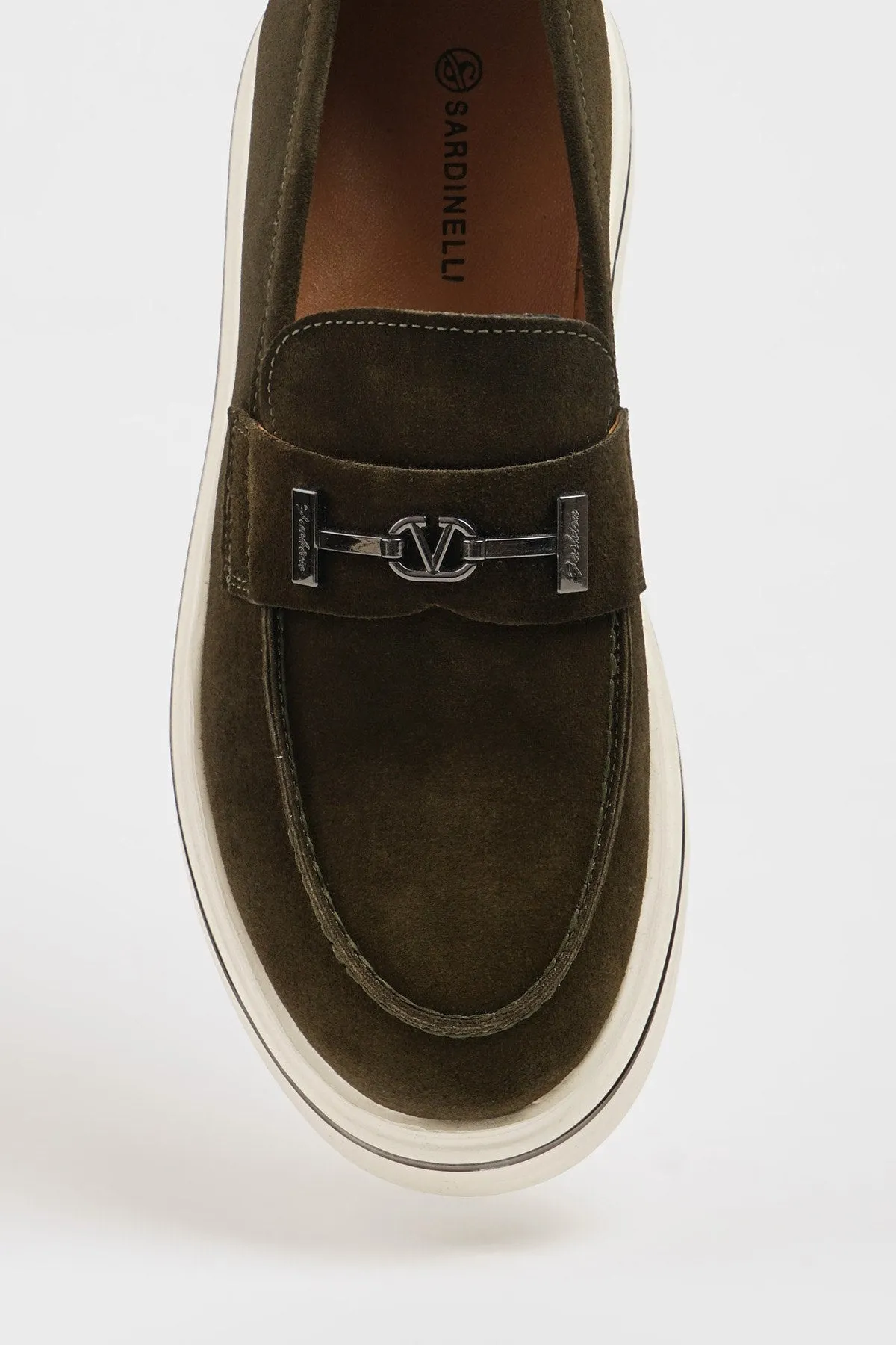 Khaki Nubuck Leather Casual Loafers with Buckle Detail.
