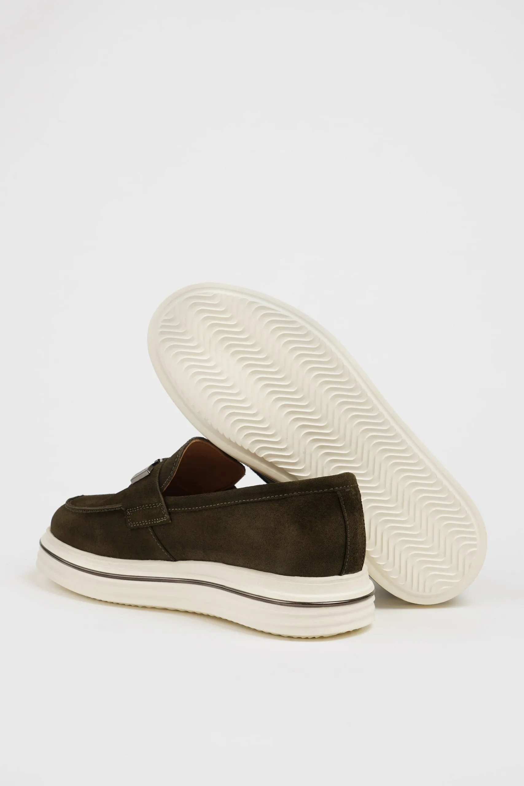 Khaki Nubuck Leather Casual Loafers with Buckle Detail.