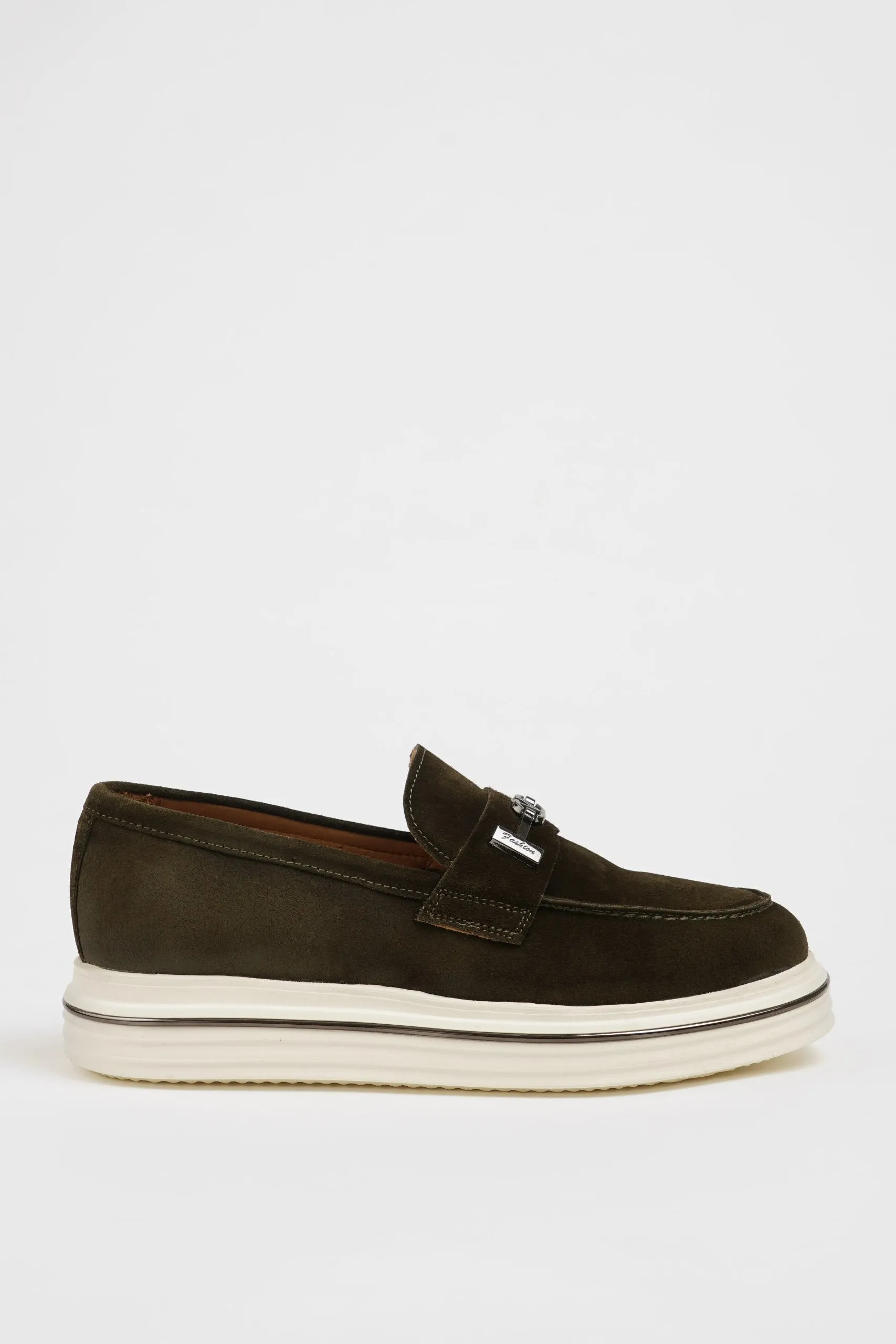 Khaki Nubuck Leather Casual Loafers with Buckle Detail.