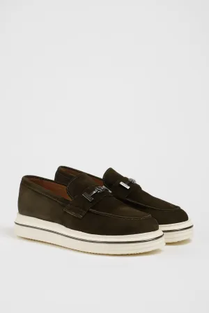 Khaki Nubuck Leather Casual Loafers with Buckle Detail.