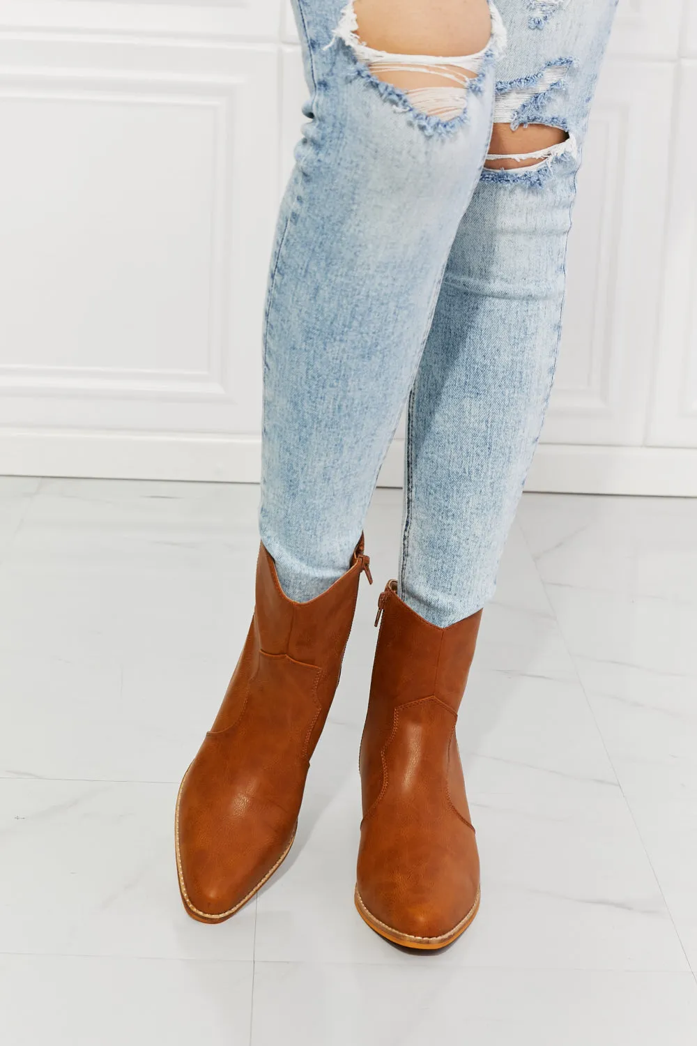 Leather Western Ankle Boots in Ochre