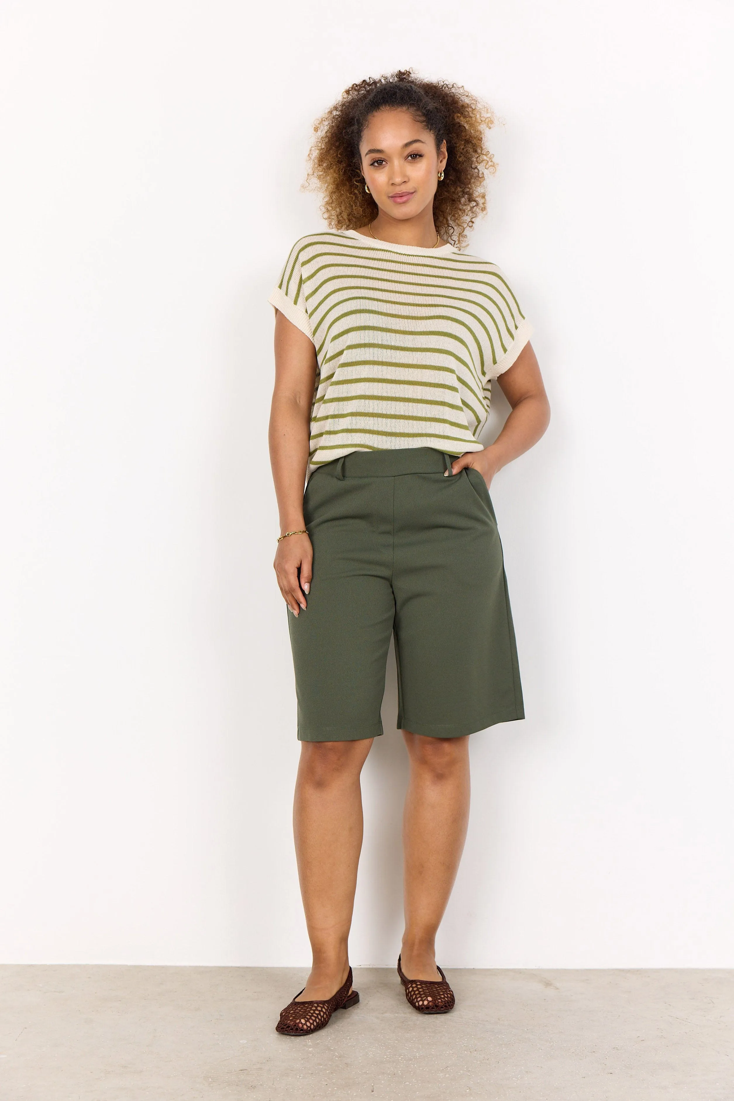 Luanna Stripe Linen Blend Knit Top - Calliste Green Combi
