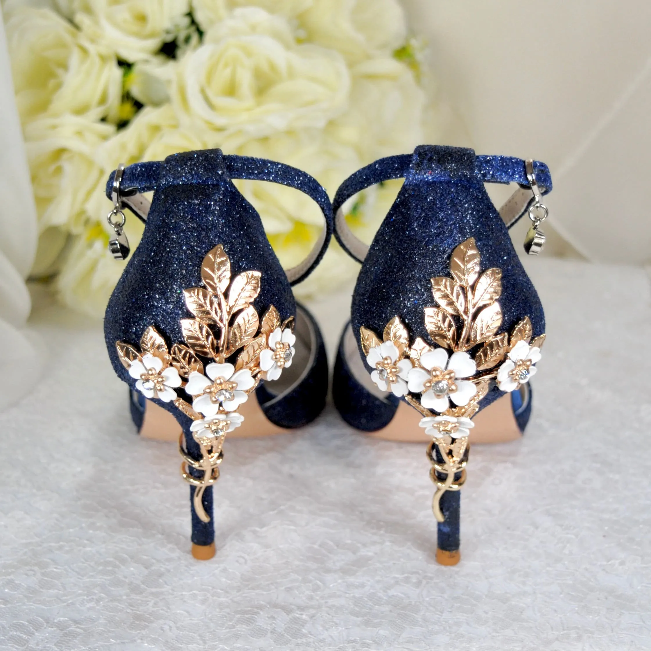 Navy Blue Sandals with 'Cherry Blossom' - Size UK7/US9.5