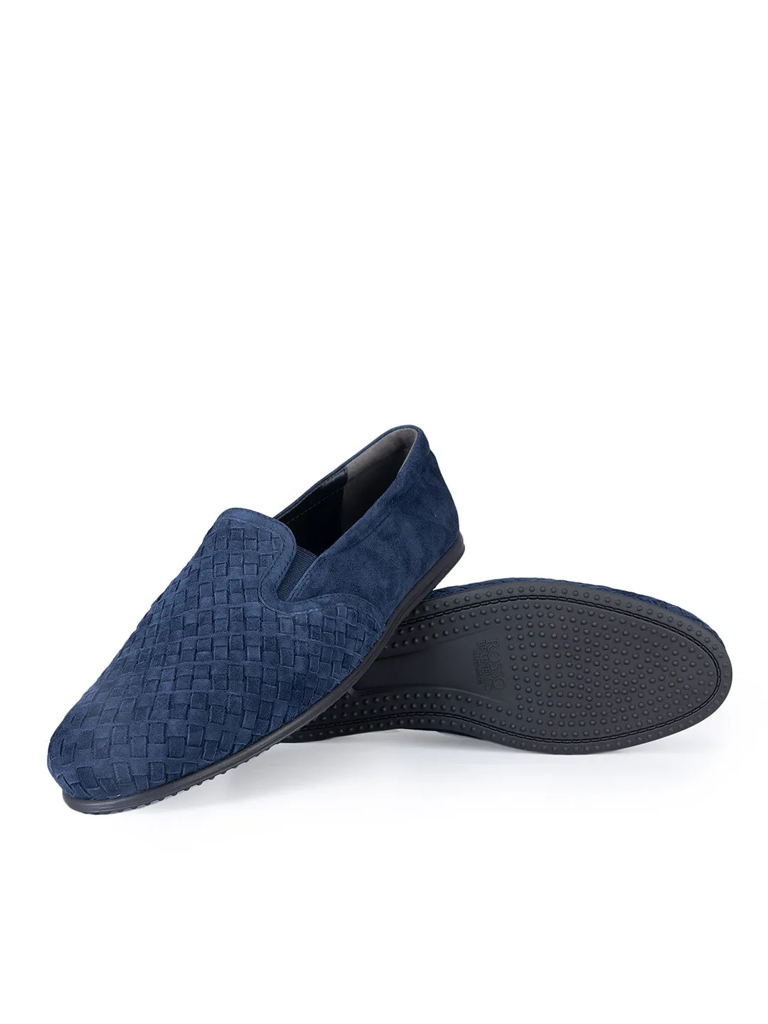 Navy Suede Woven Pattern Loafers