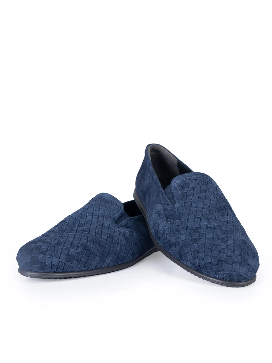 Navy Suede Woven Pattern Loafers