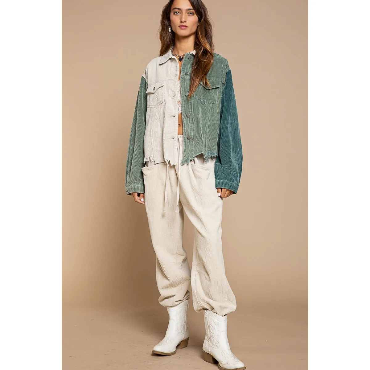 POL Green/Stone Corduroy Distressed Jacket