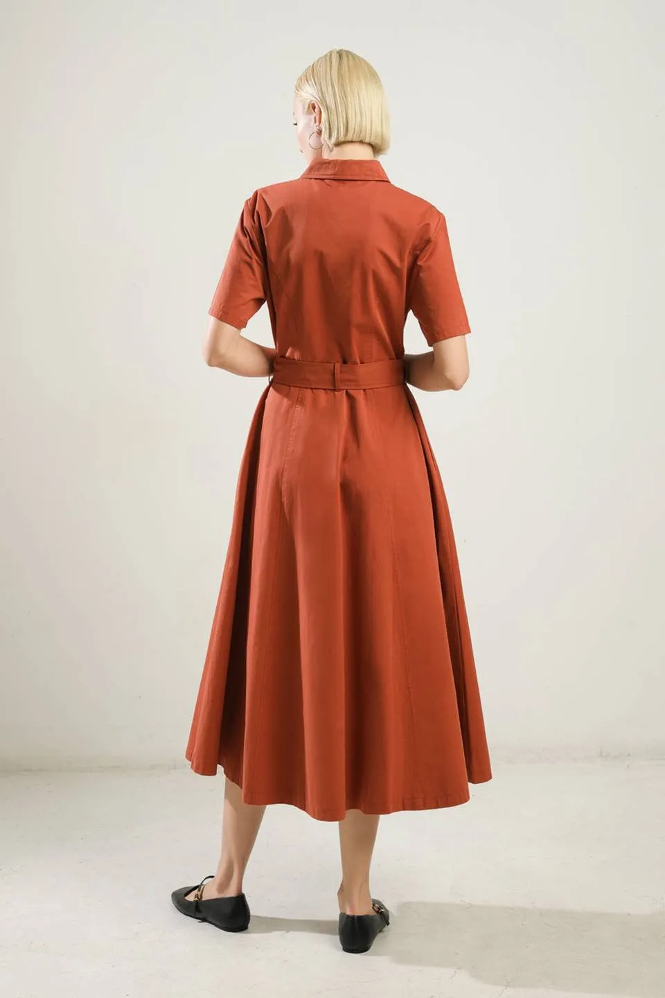 Shirt Button Down Fit Flare Dress Brick