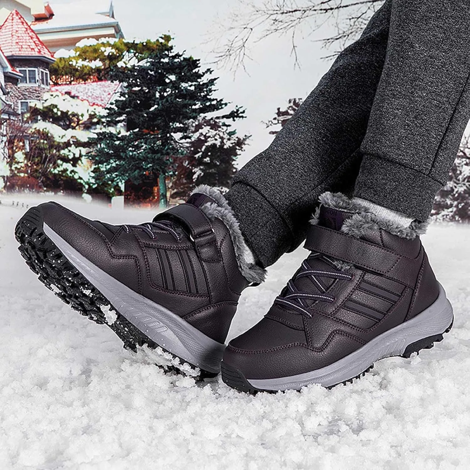 Slip on Walking Shoes Women Non Slip Memory Foam Arch Support Running Shoes Faux Furry Lined PU Leather Sports Workout Tennis Shoes Lightweight Sneakers Indoor Outdoor