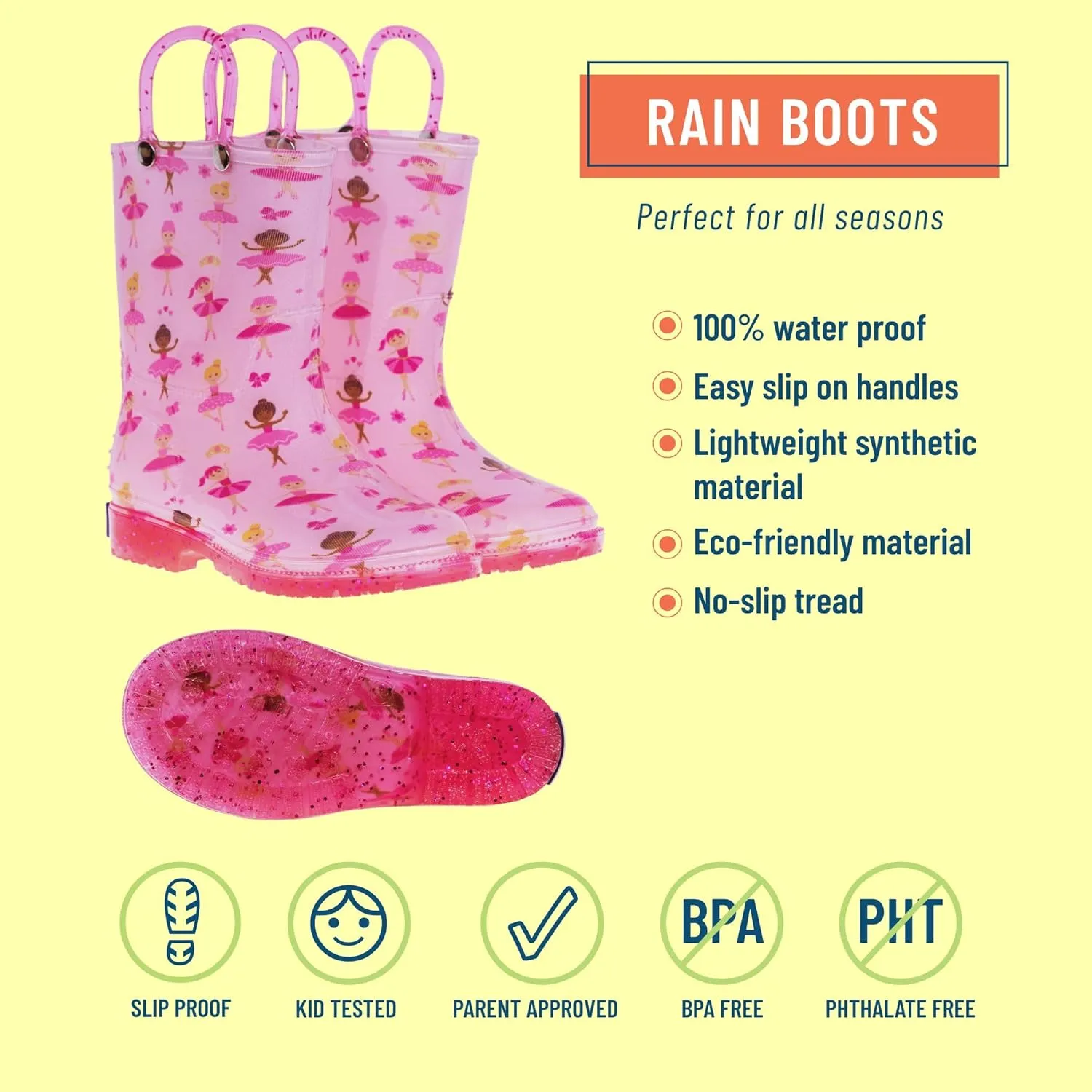 Wildkin Kids Rain Boots  100% Waterproof with Slip-Resistant Tread & Easy Pull Handles