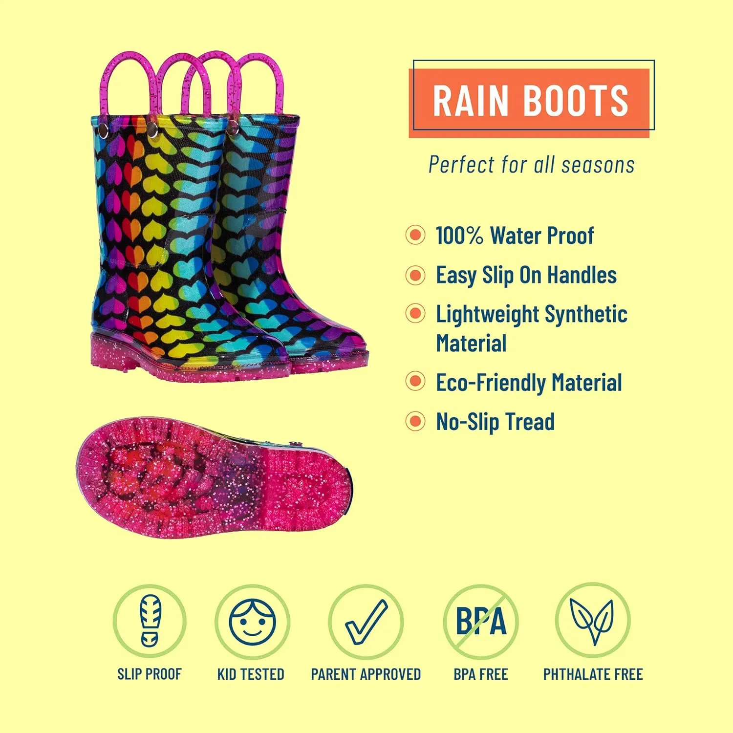 Wildkin Kids Rain Boots  100% Waterproof with Slip-Resistant Tread & Easy Pull Handles