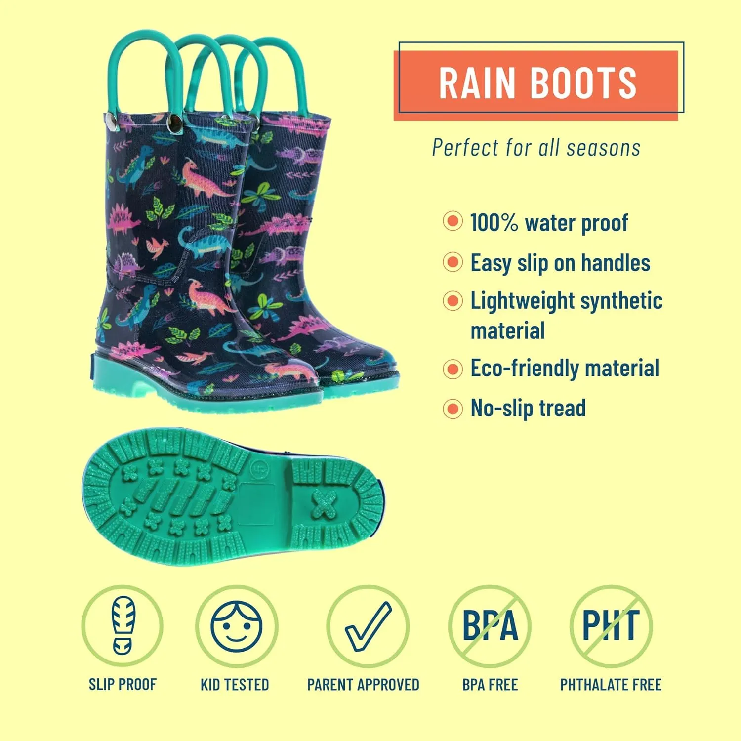 Wildkin Kids Rain Boots  100% Waterproof with Slip-Resistant Tread & Easy Pull Handles