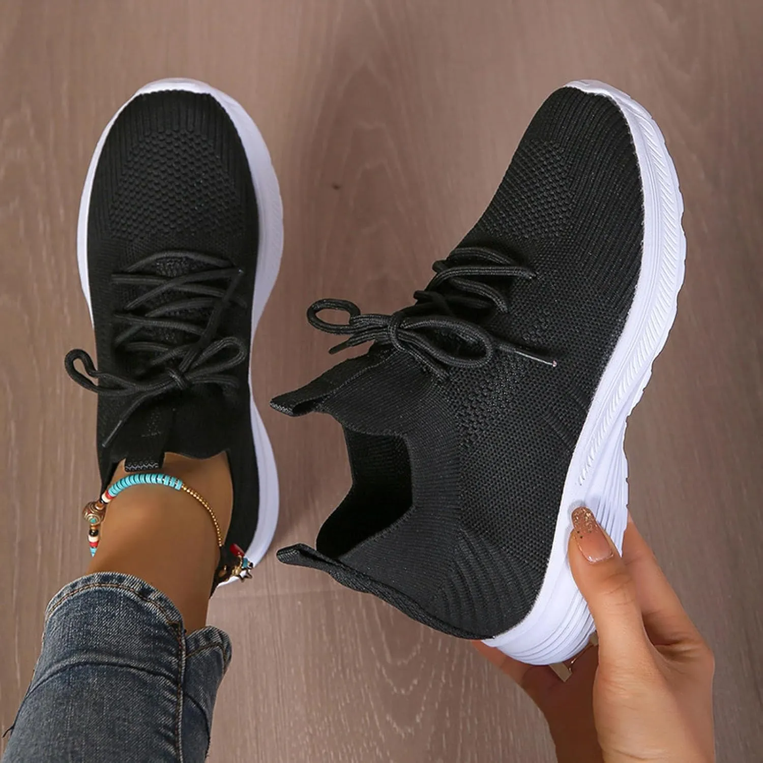 Women's Slip on Walking Shoes Non Slip Memory Foam Arch Support Running Shoes Breathable Gym Workout Shoes Fashion Lace Up Sneakers