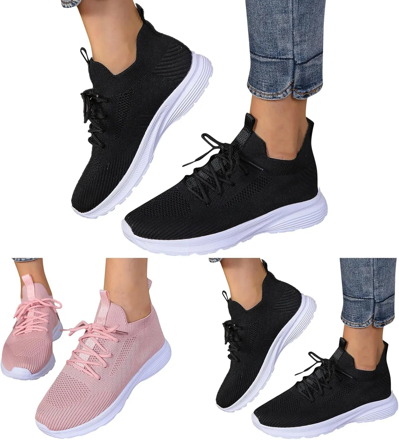 Women's Slip on Walking Shoes Non Slip Memory Foam Arch Support Running Shoes Breathable Gym Workout Shoes Fashion Lace Up Sneakers